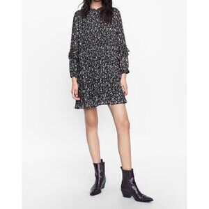 Zara Basic Black & White Floral Pleated Mini Dress Long Sleeves XS